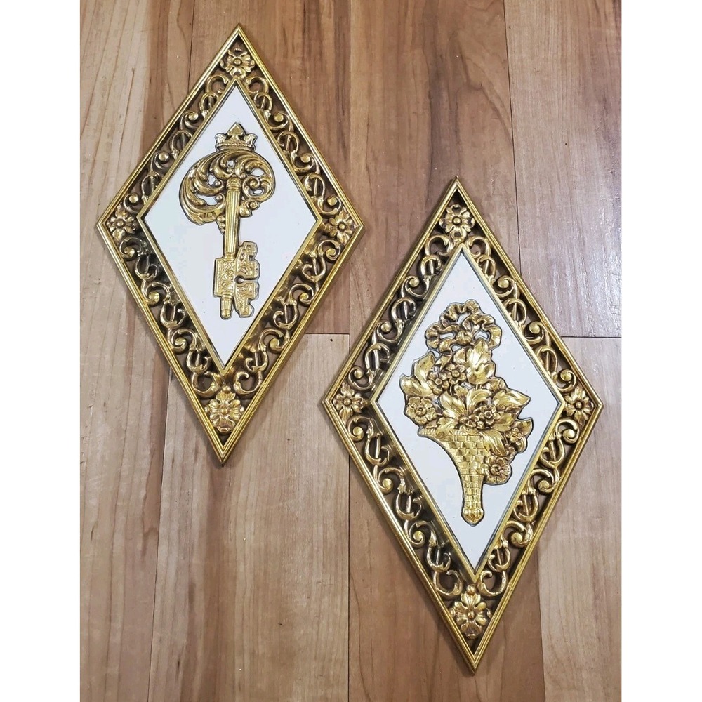 2 Vintage MCM Syroco Gold Diamond Shape Wall Decor Plaques USA 4271